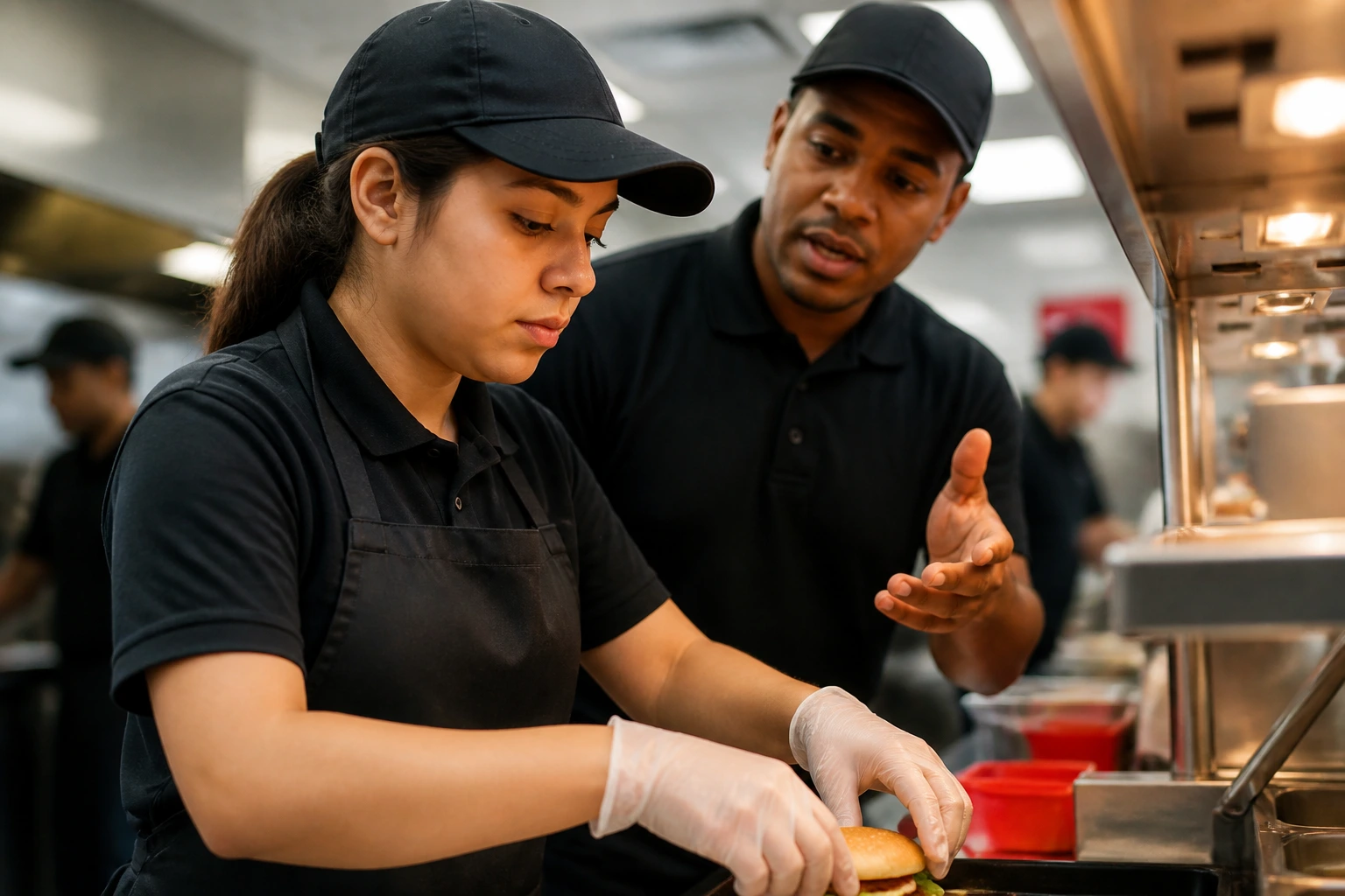 New fast-food employee during first month training in a kitchen