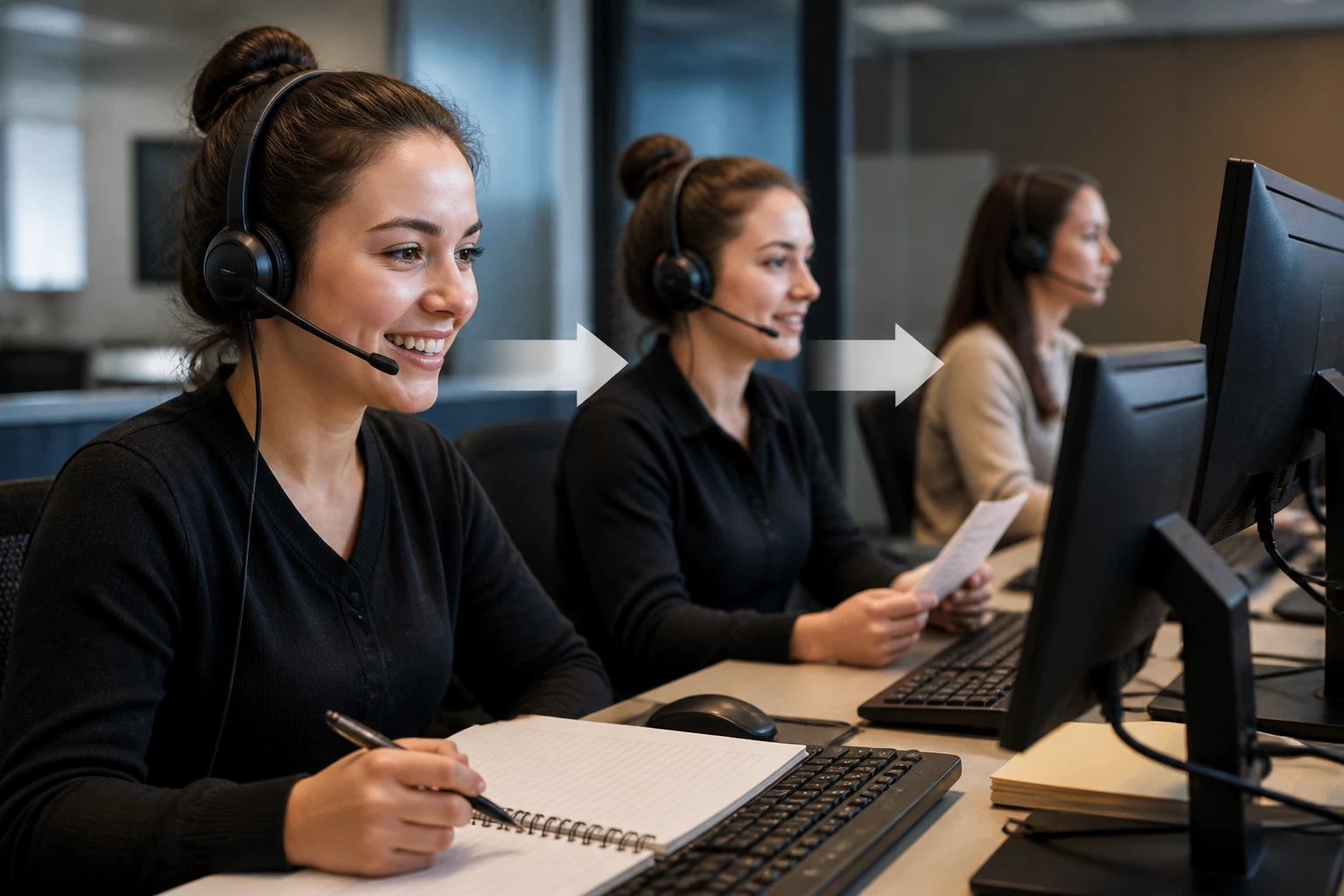 Trainee wearing headset in training room transitioning to live queue in a modern call centre