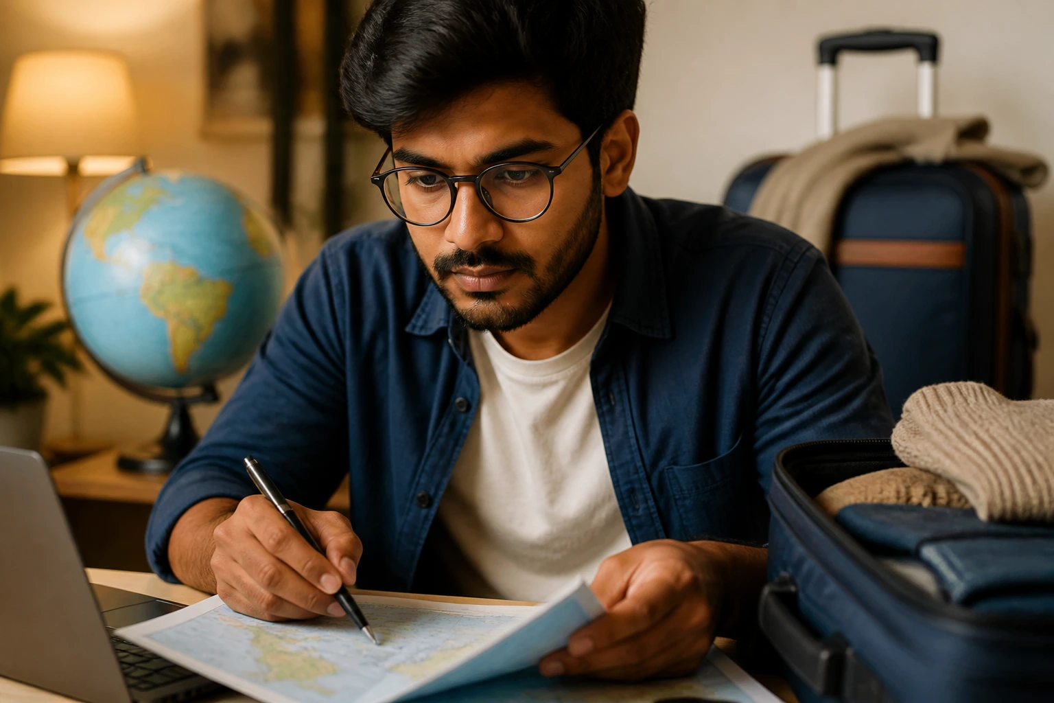 Portrait of a person planning an international move with globe and luggage nearby.