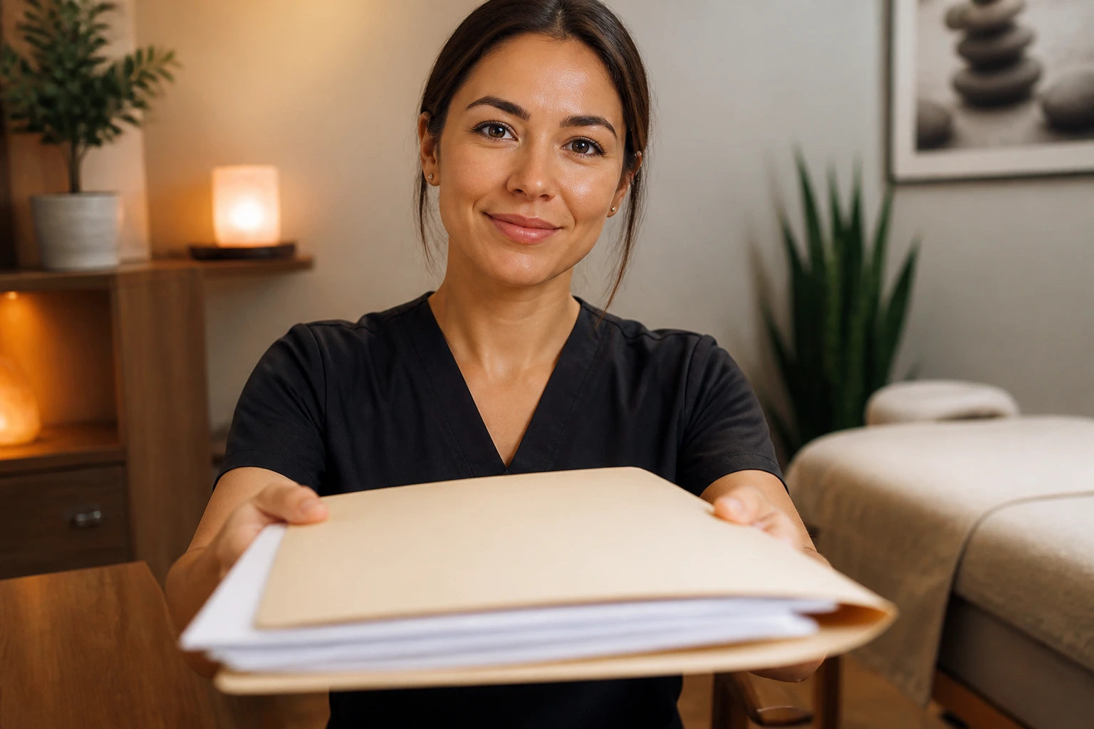 Therapist in an office with a blurred folder of documents
