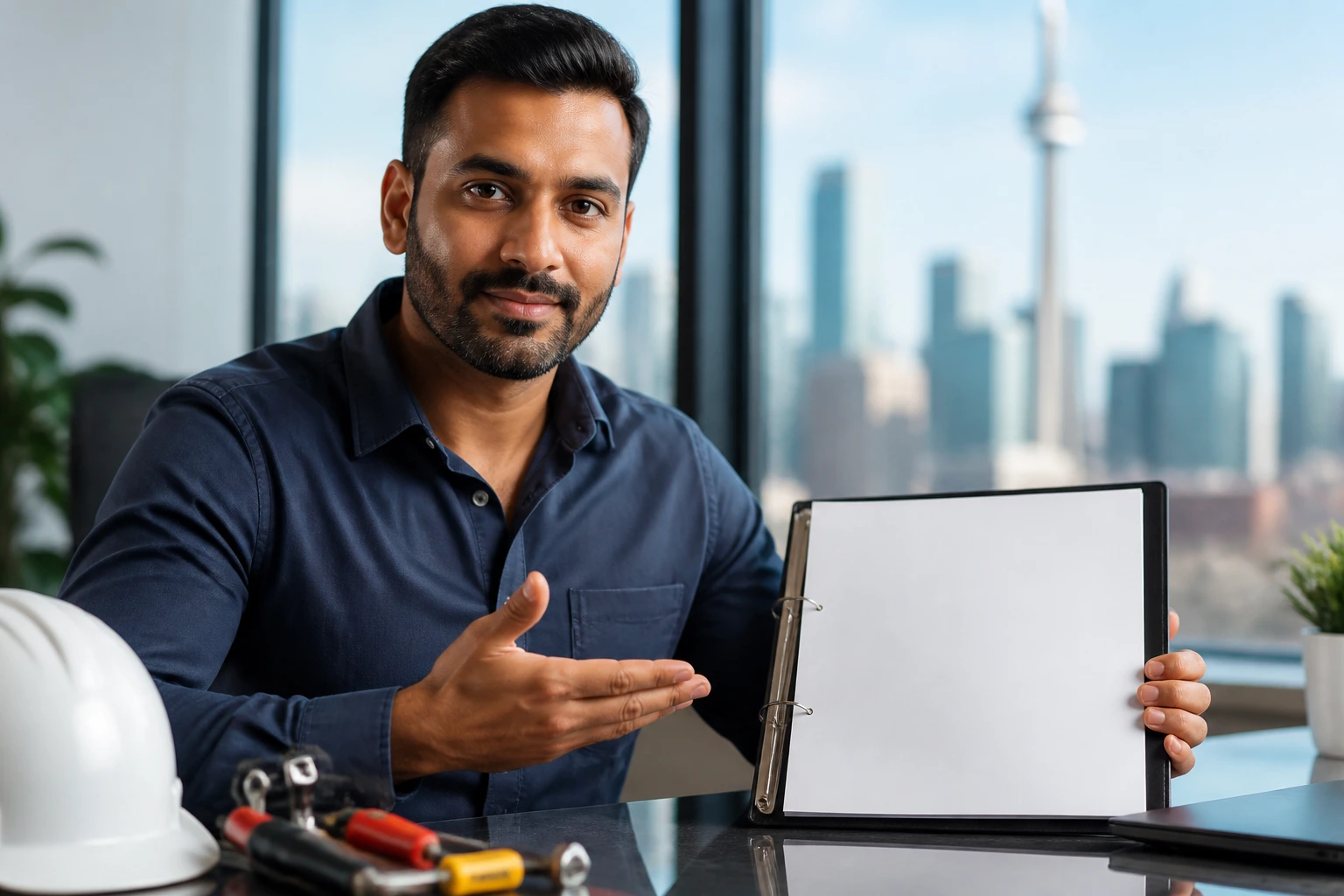 Portrait of a professional immigrant explaining transferable skills in a modern office with city view