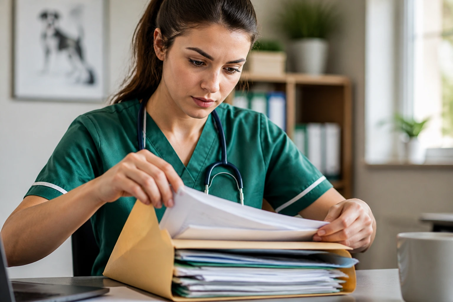 Person organizing documents and checks before travelling for UK veterinary role