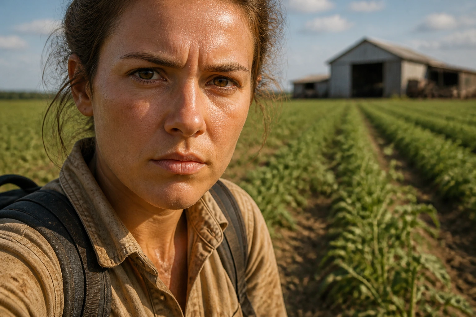 Close-up portrait of a real traveler in rugged gear with a farm field backdrop