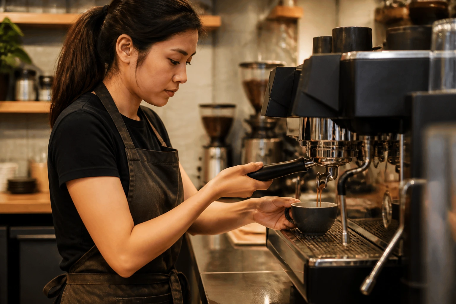 Barista hands operating an espresso machine during a trial shift in a cafe