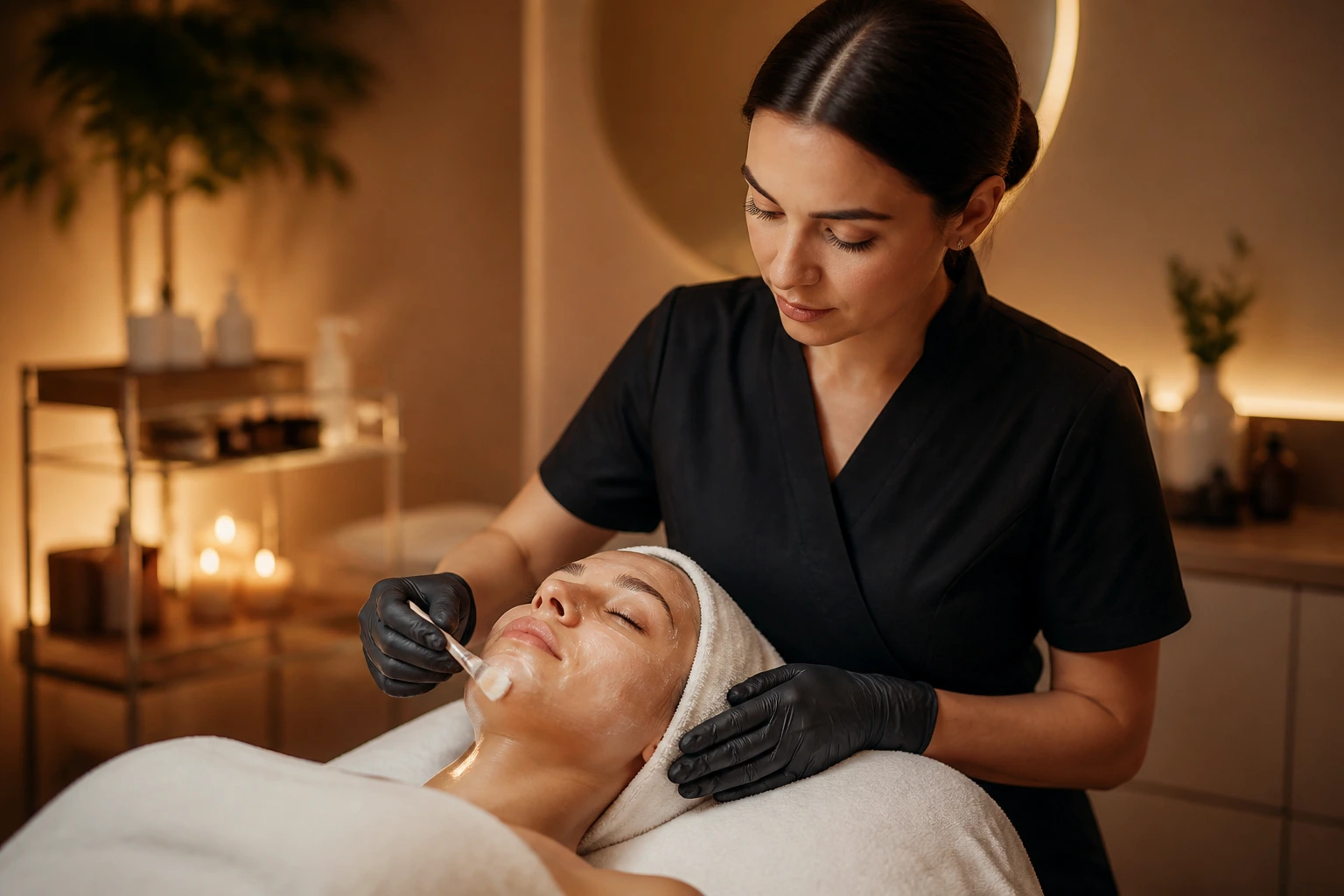 Beauty therapist performing a treatment in a calm spa room.