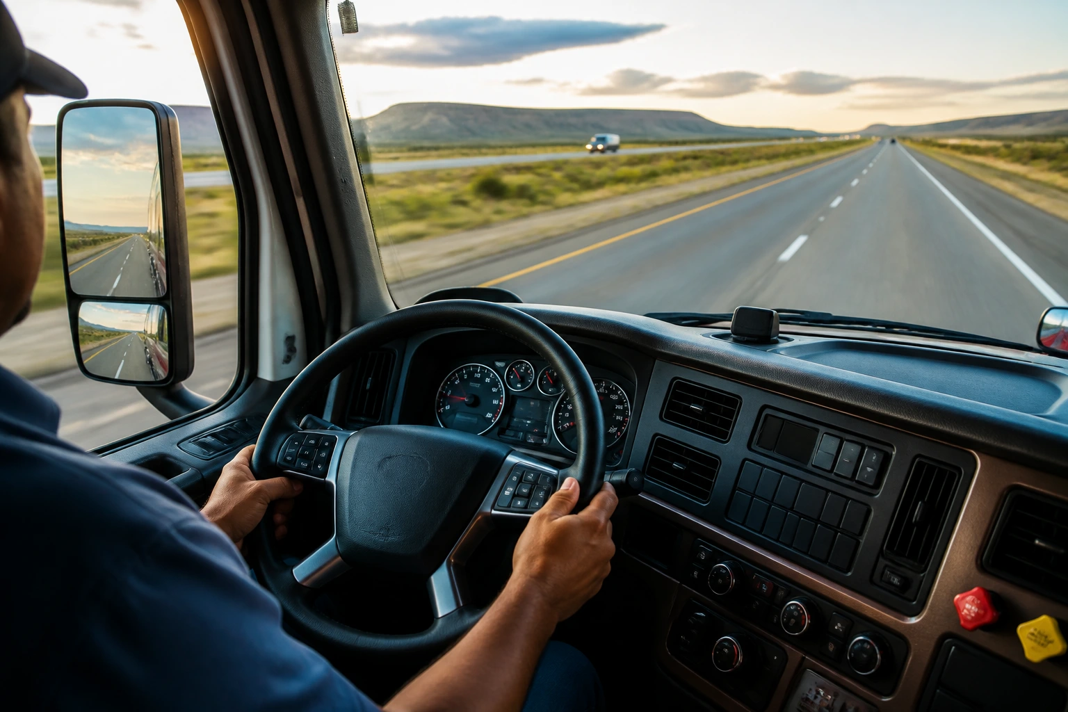 Close-up of a truck cab interior focusing on the steering wheel and dashboard