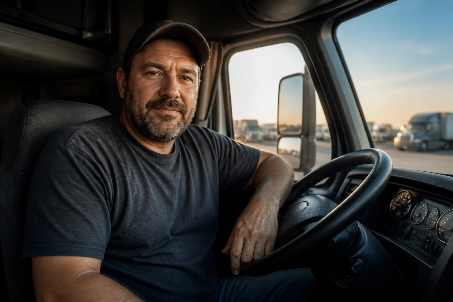 Close-up portrait of a real long-haul truck driver inside a sleeper cab