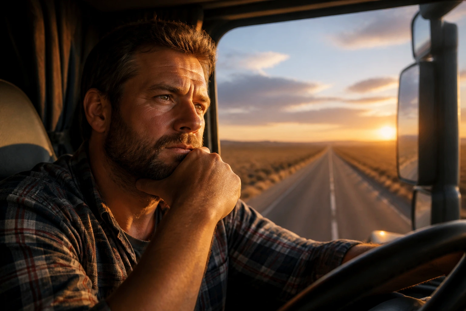 Truck driver contemplating long-haul lifestyle in cab
