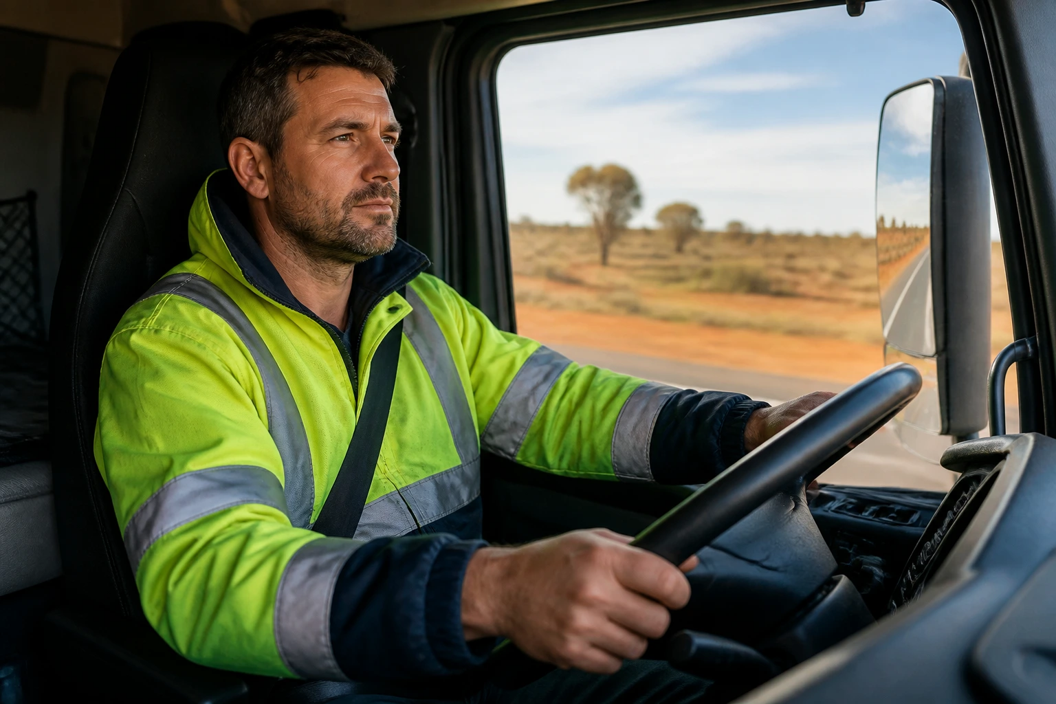 Truck driver in high-visibility jacket inside a cab portrait