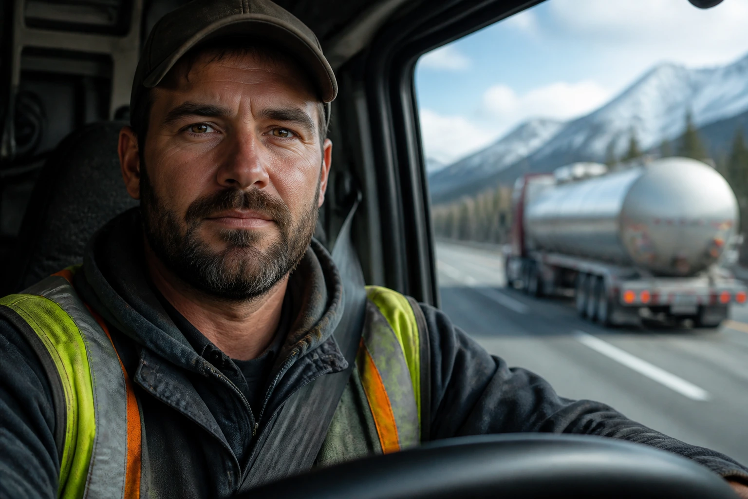 Truck driver portrait in cab with highway view