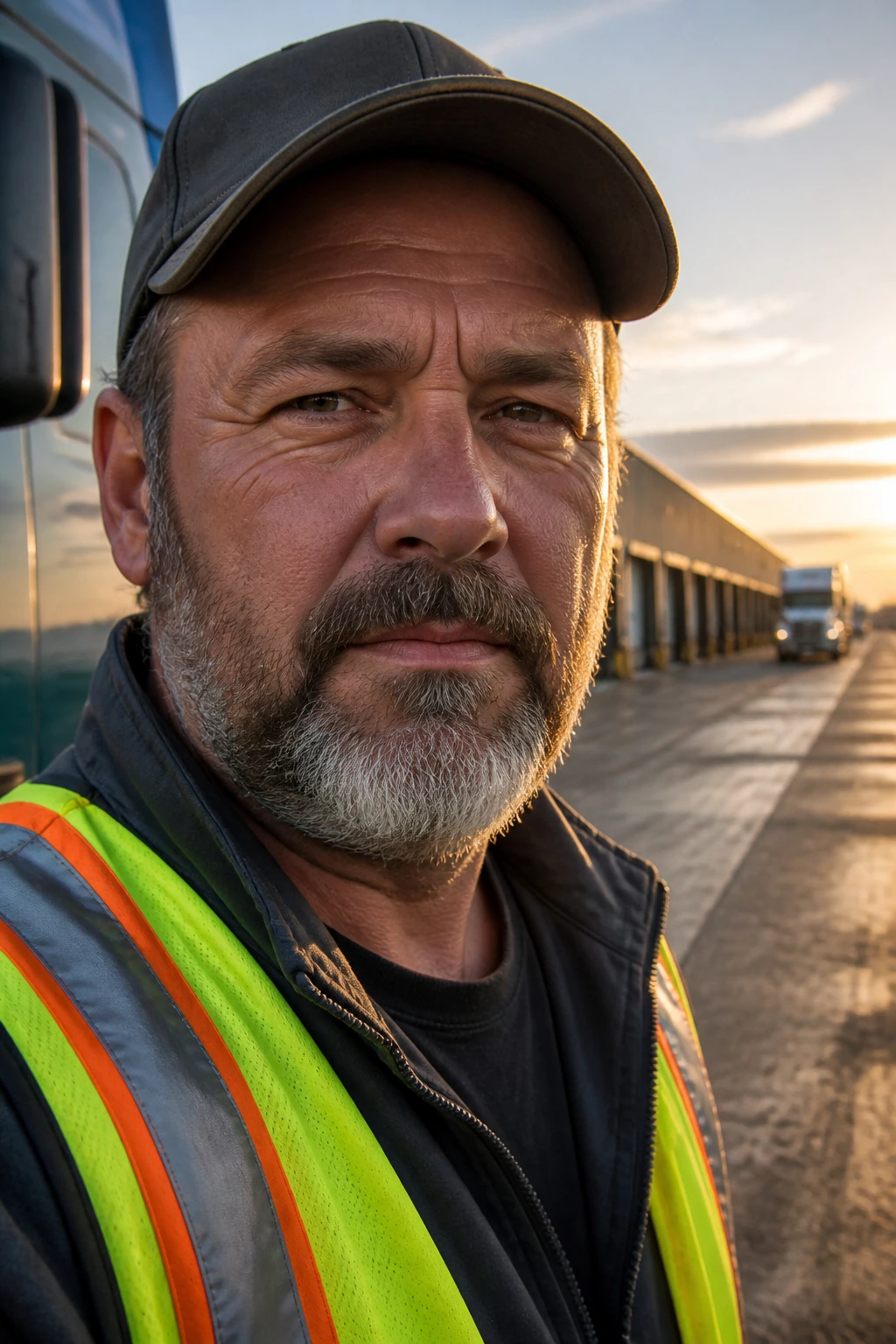 Close-up portrait of a truck driver in a Canadian yard highlighting the driver shortage