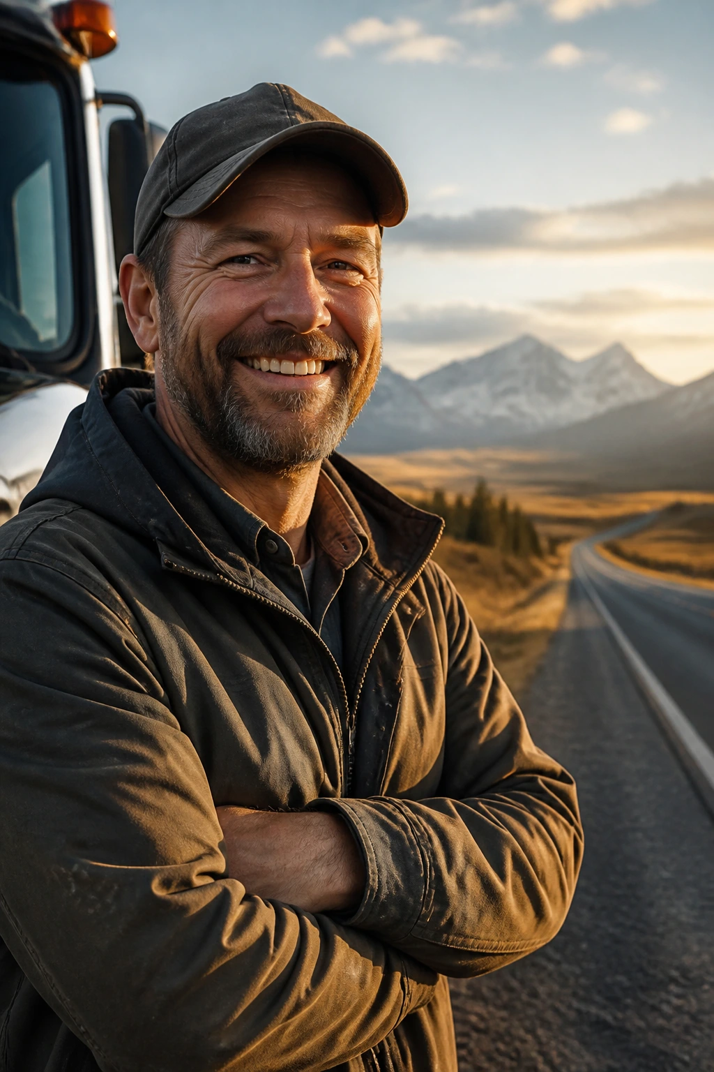 Smiling truck driver with Canadian highway landscape background