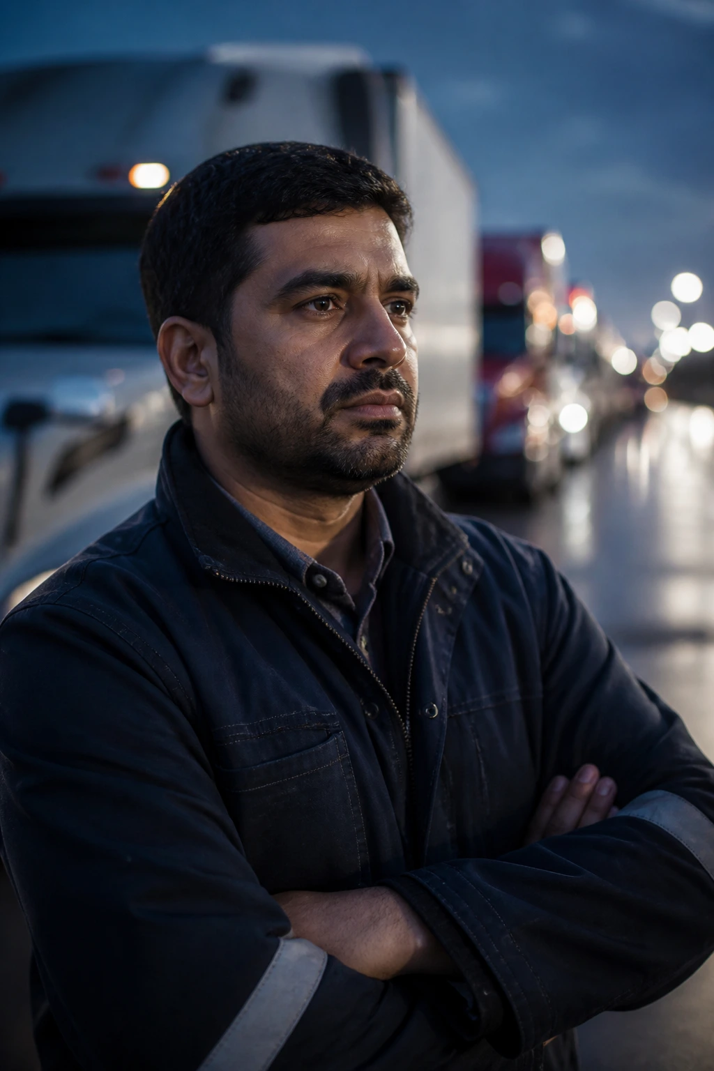 Contemplative truck driver in rest area with trucks in background
