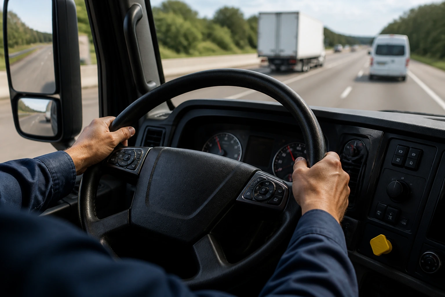Close-up of a truck driver's hands on the steering wheel with a highway blur outside