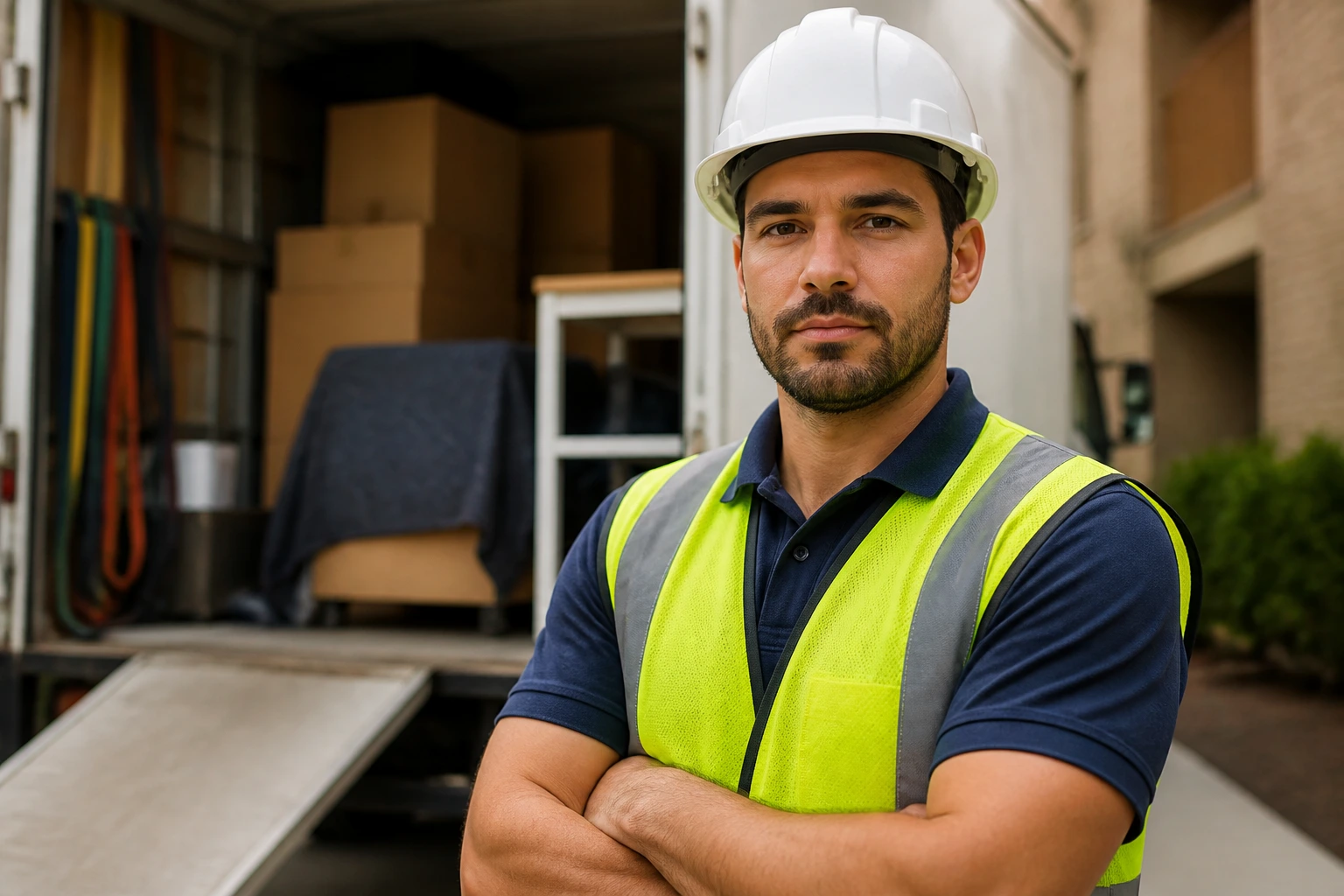 Removalist in safety gear at a worksite