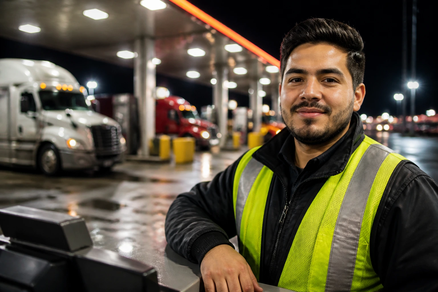 Close-up of a truck stop attendant at a busy forecourt with trucks in background
