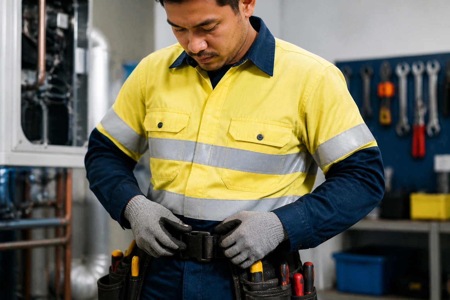 Close-up portrait of a person in PPE in a workshop focusing on details
