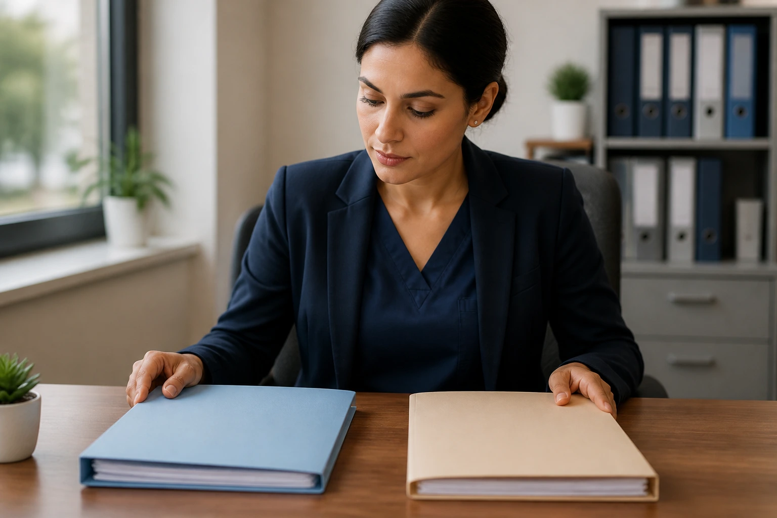 Person organizing two blank folders at a desk to represent two-track process