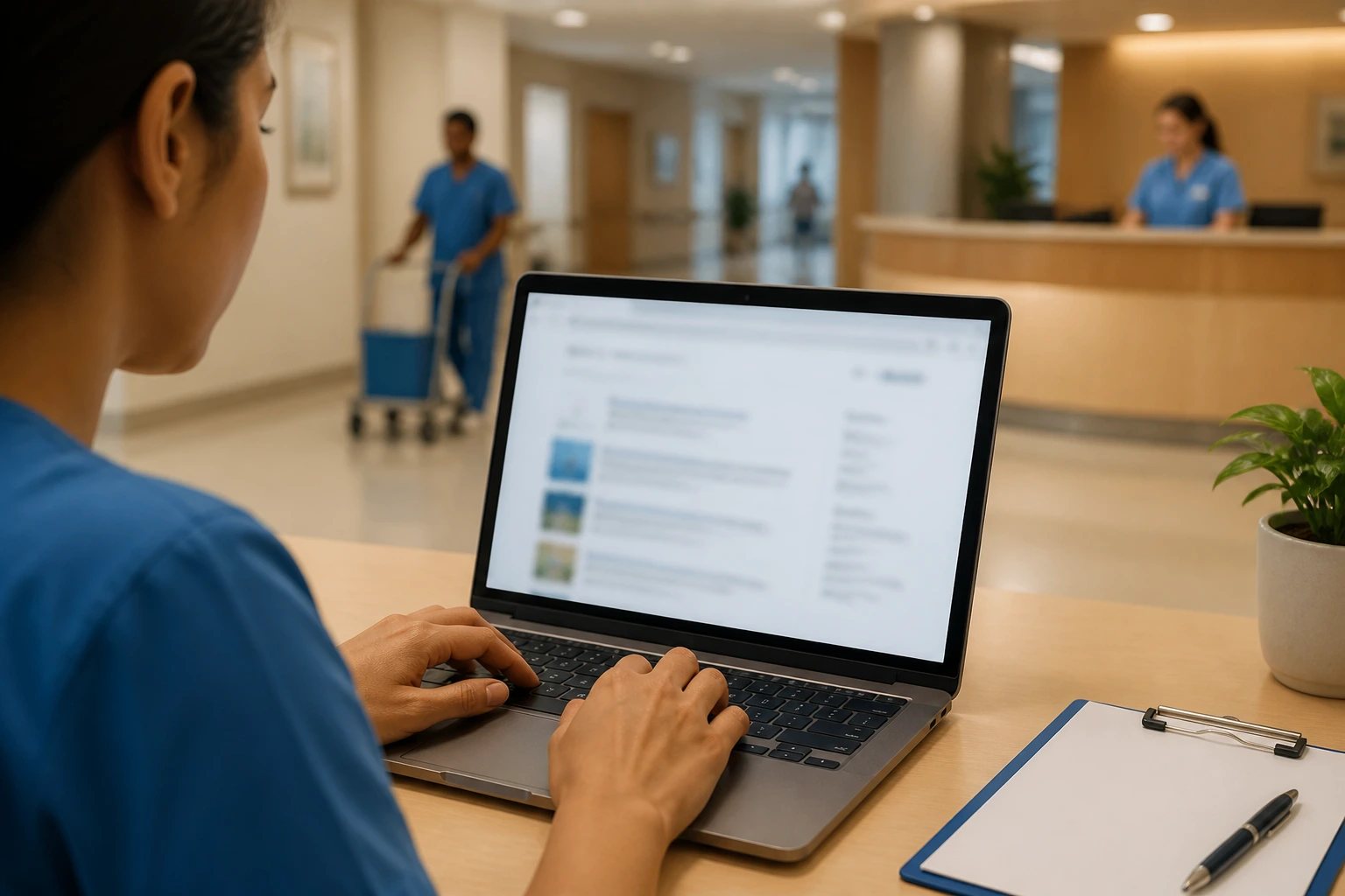 Hands typing on a laptop in a hospital lobby, screen blurred to hide text.