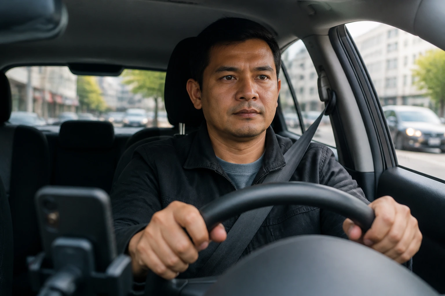 Driver in car illustrating misfit of Uber-style driving with LMIA rules