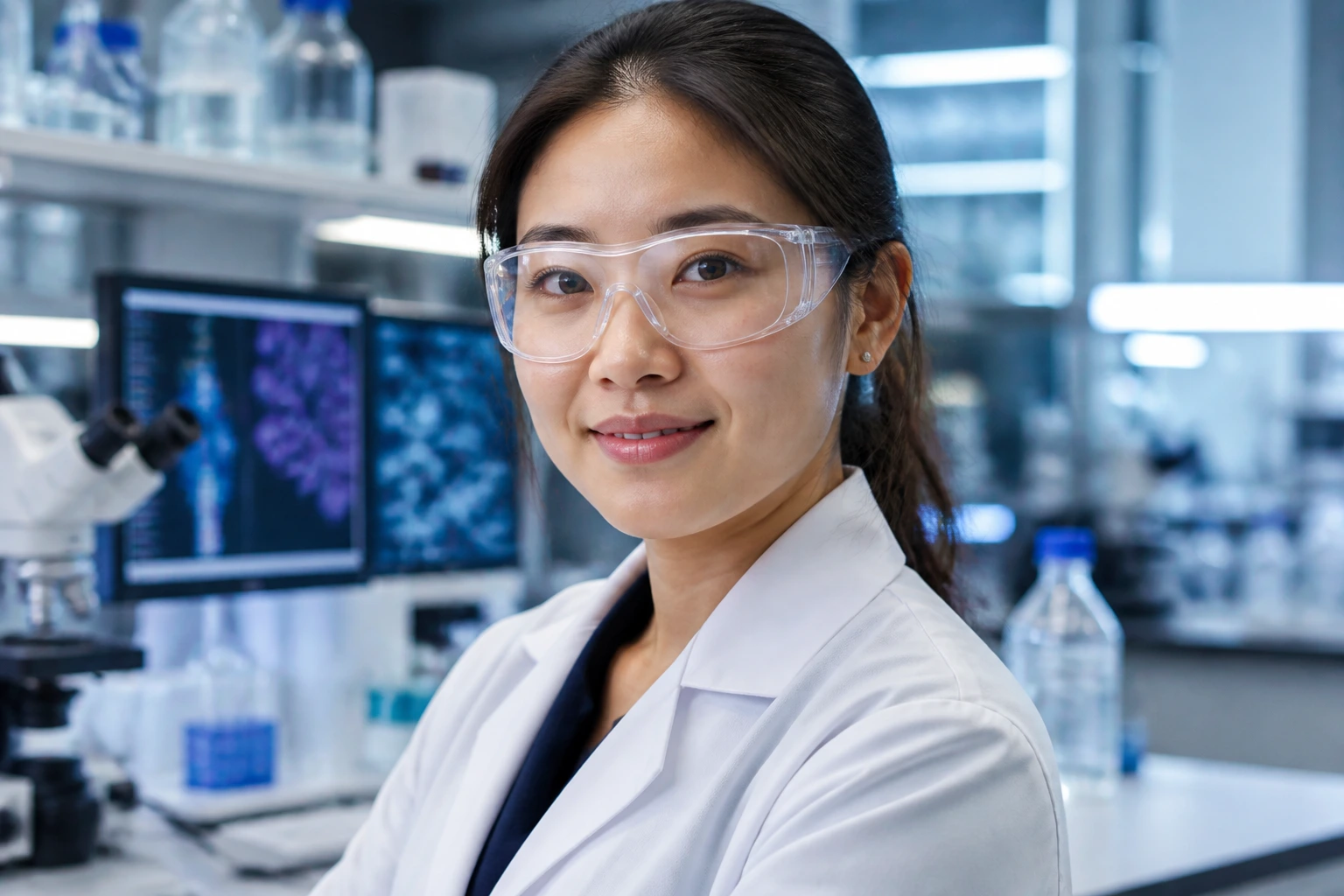 Close-up portrait of a researcher in a lab coat in a hospital research lab.