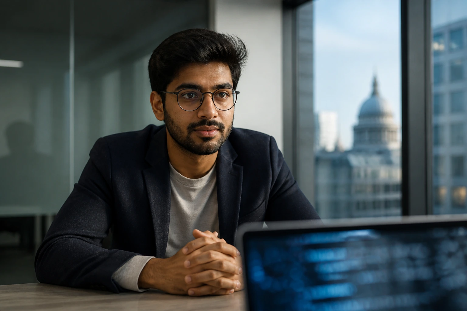 Close-up portrait of a real engineer in a UK AI interview room with laptop glow