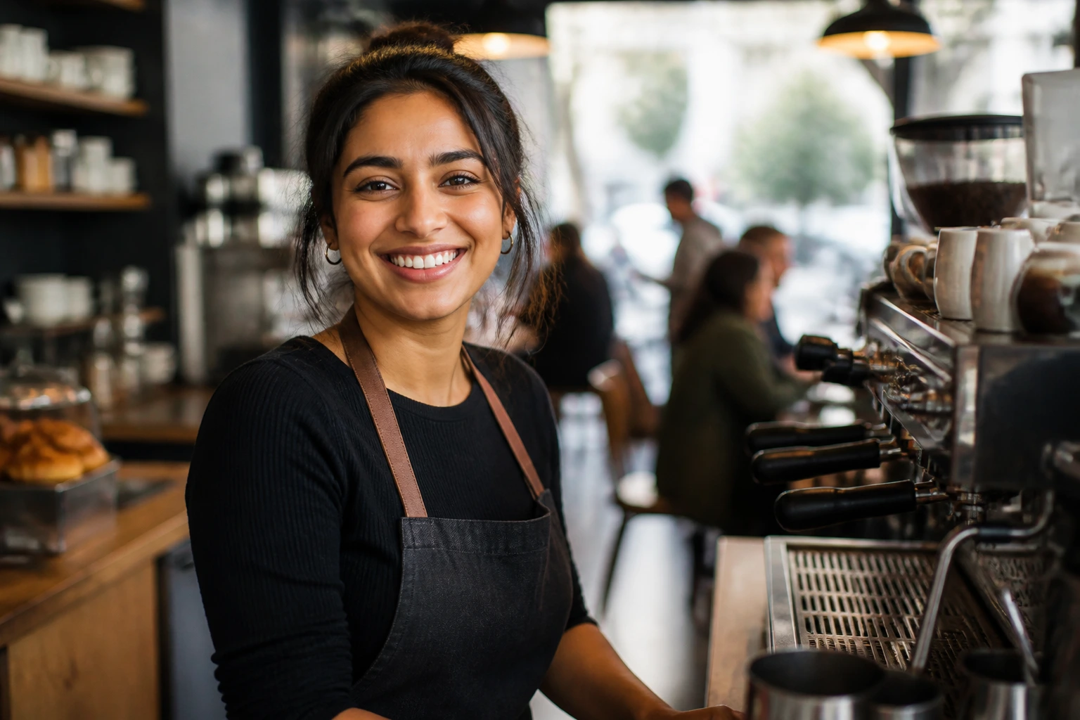 Portrait of a real person in a UK cafe settling into the coffee scene