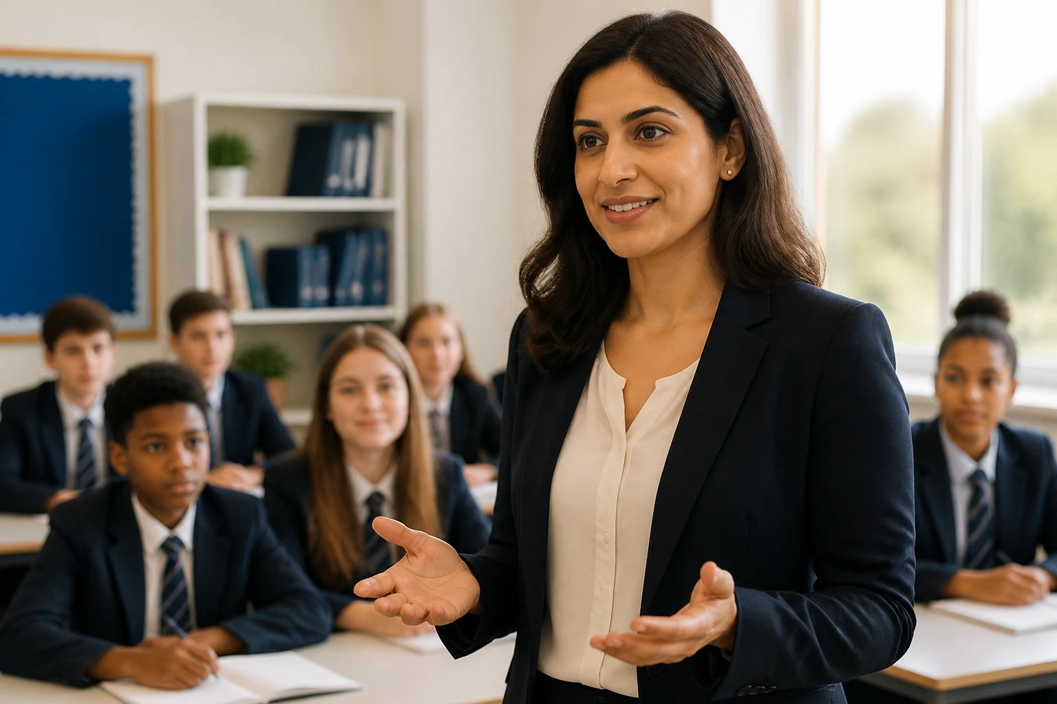 Medium close-up of a real teacher in a UK classroom addressing students, capturing classroom culture and pastoral approach