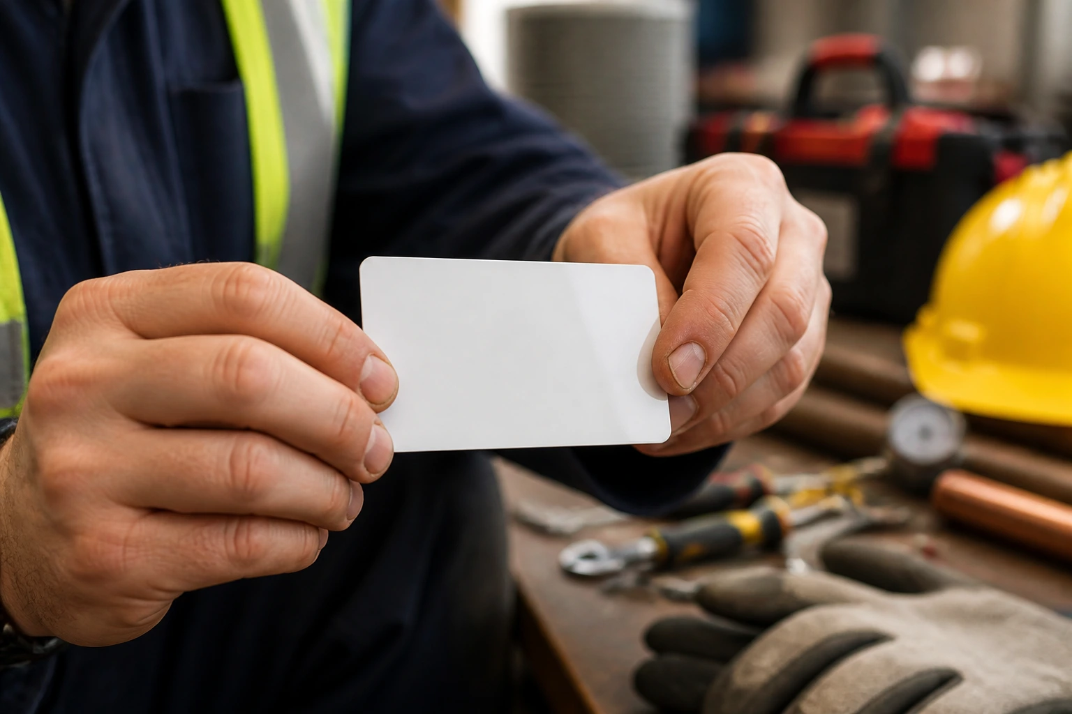 Close-up of a blank credential card held by a tradesperson in a workshop