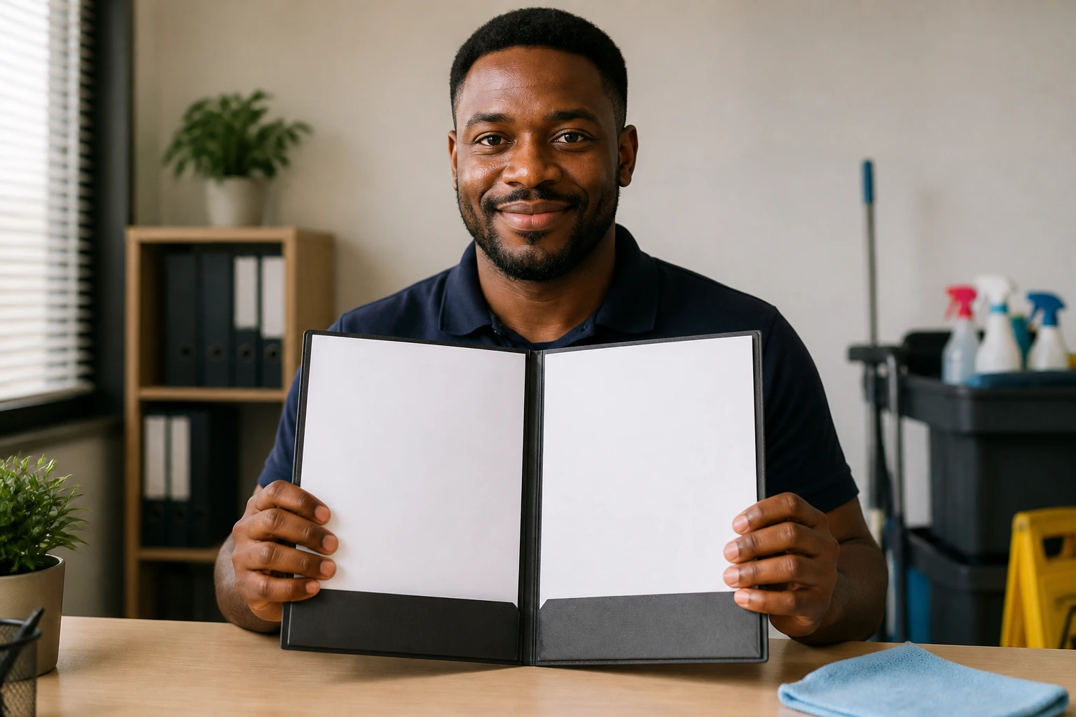 Portrait of person holding a blank CV binder on a tidy desk, symbolizing UK CV structure for cleaning work.