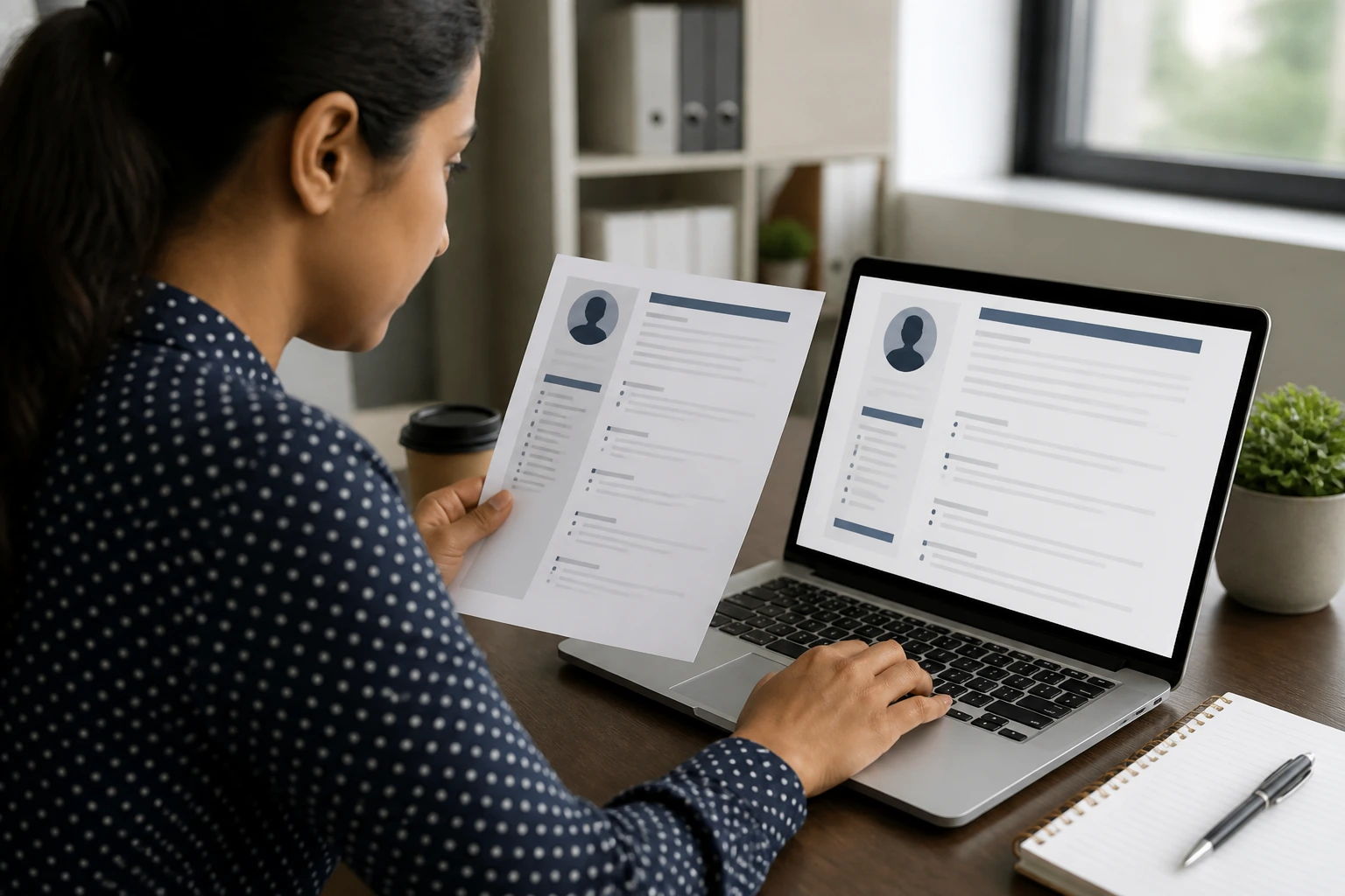 Person constructing a structured UK CV for contact centre roles with no visible text.