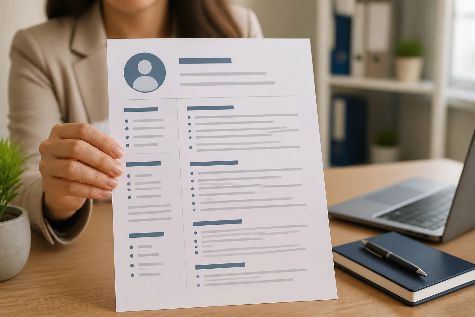 Real person holding a resume with structured layout and placeholder bullets (no text)