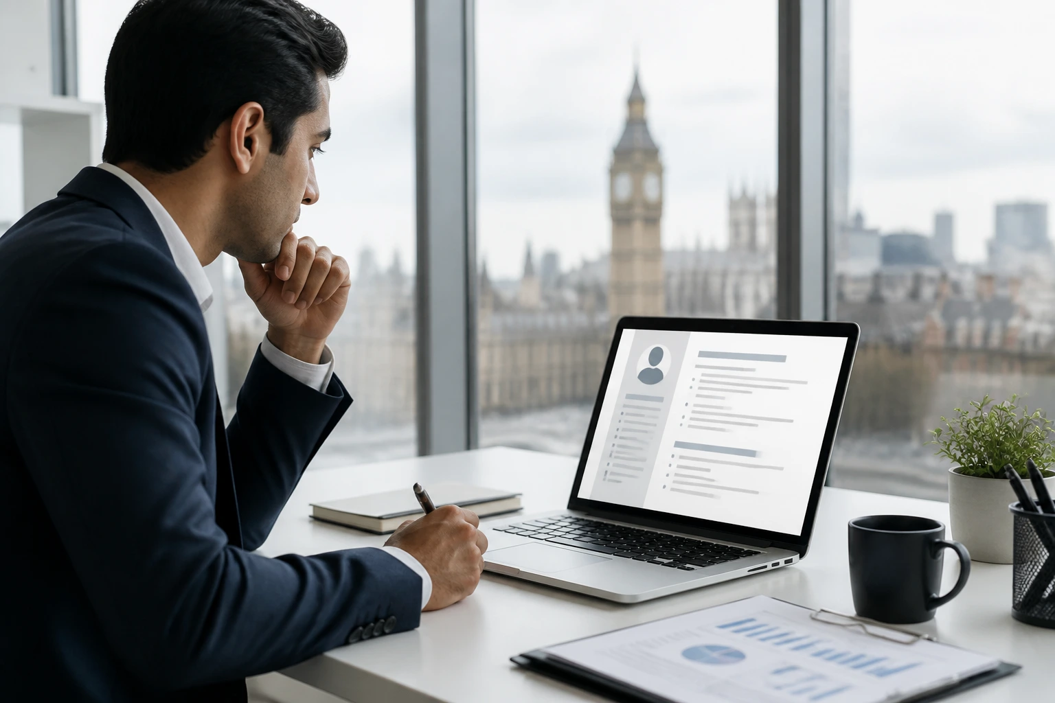 Professional working on a CV at a clean desk in a UK office, no text visible