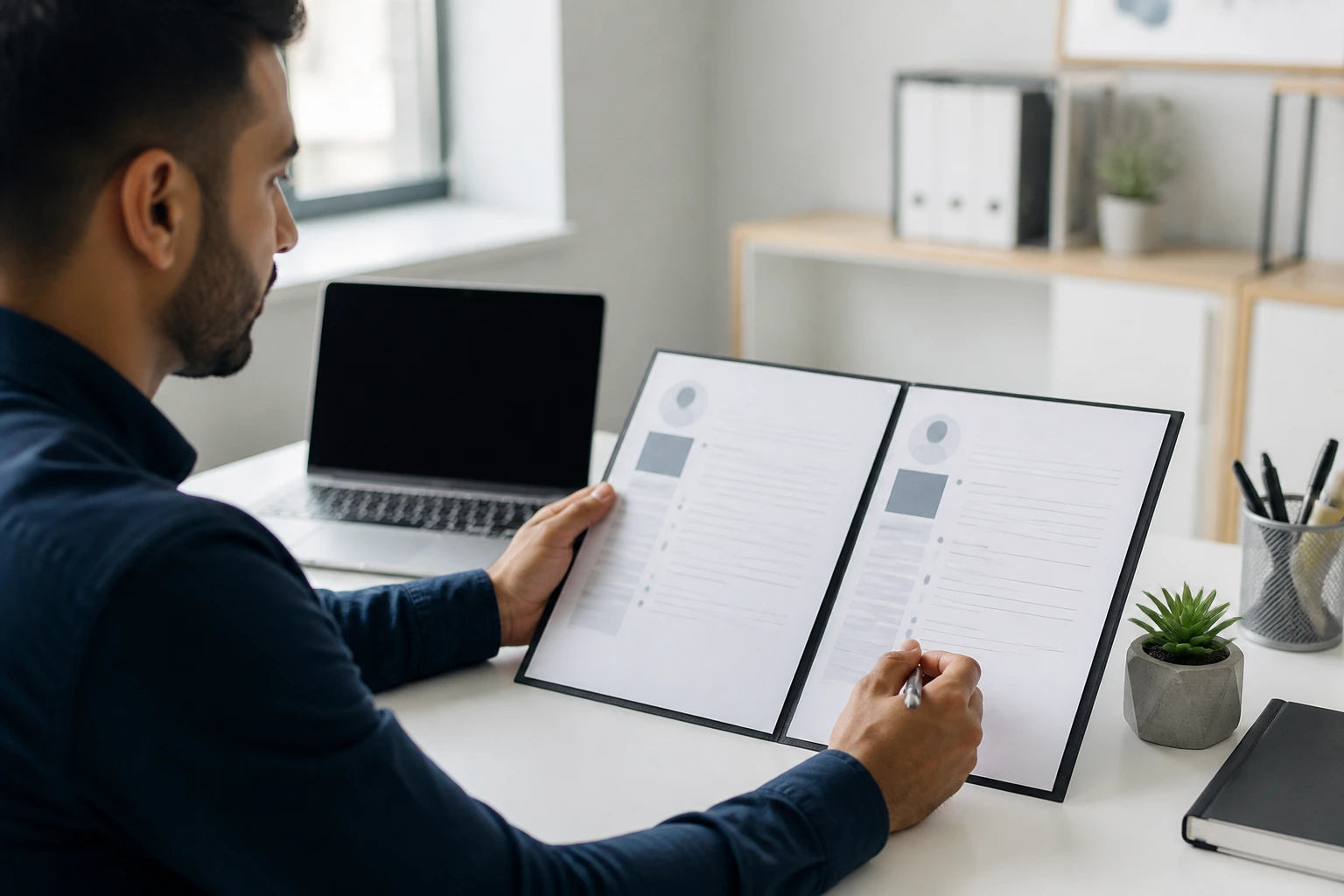 Candidate preparing a concise CV layout for forecourt roles at a clean desk