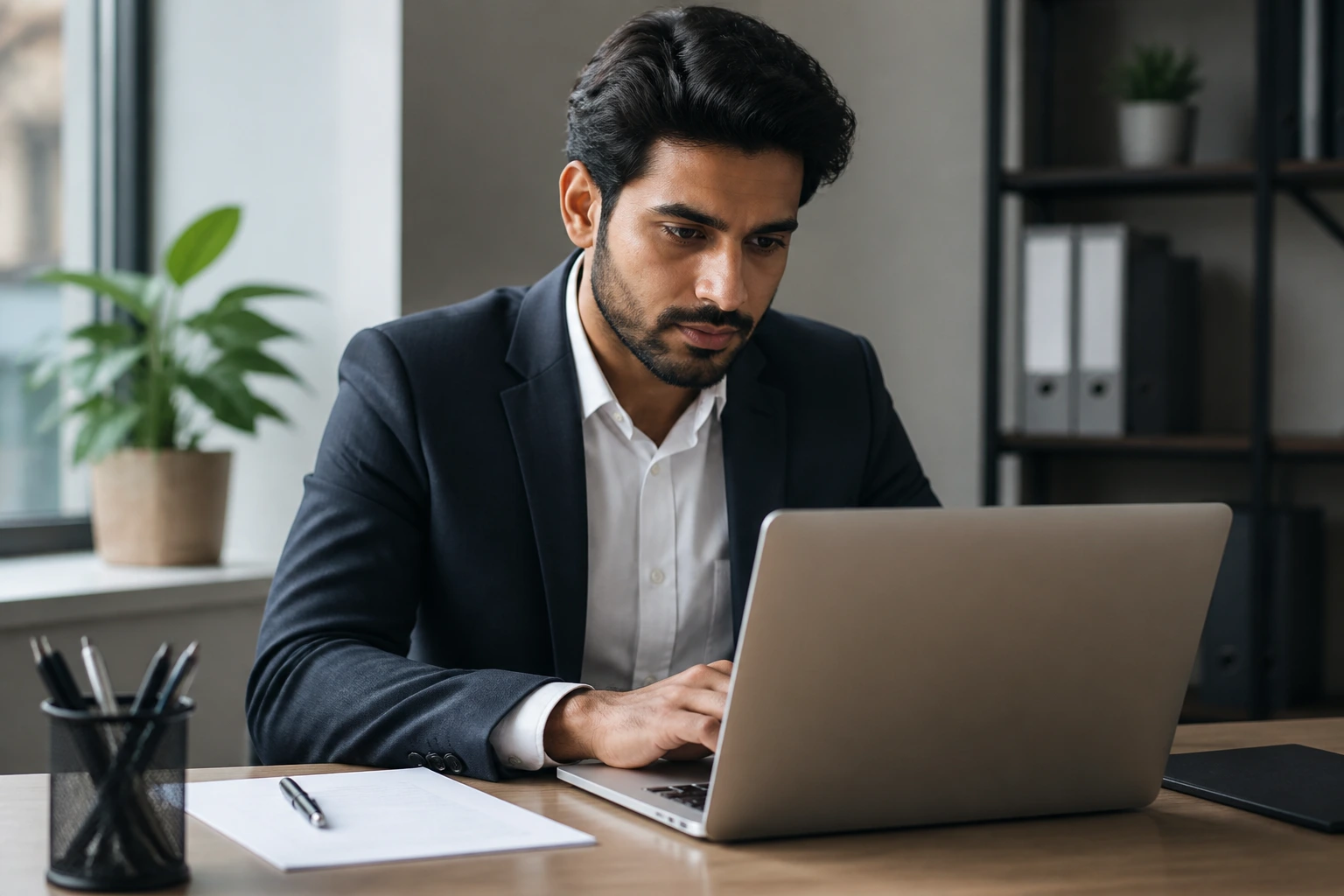 Professional refining a CV at a desk in a quiet office.