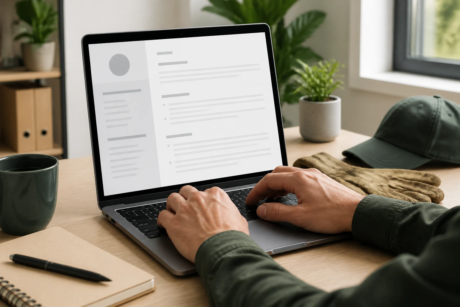 Hands typing on a laptop with a blank resume on screen in a bright office
