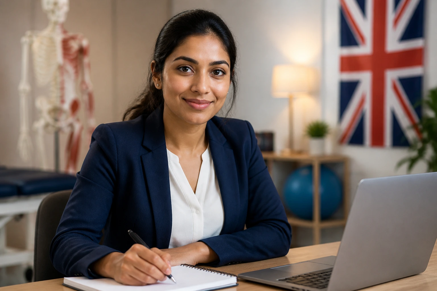 Portrait of a clinician in smart attire at a desk illustrating UK CV focus