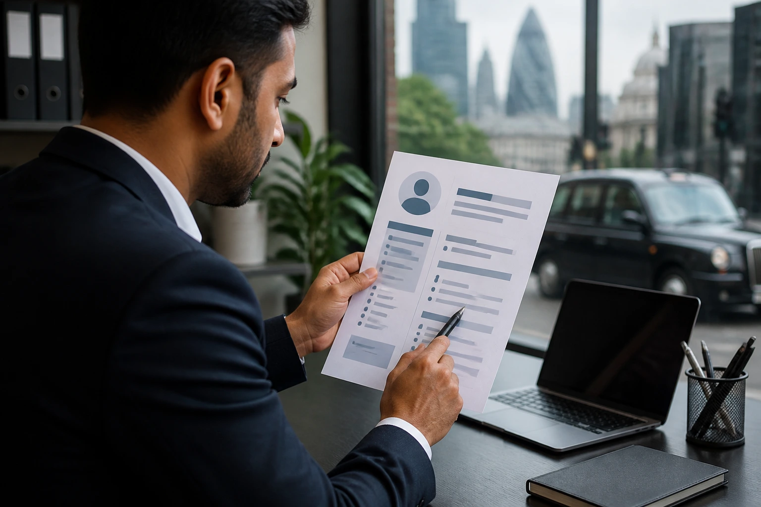 Person in professional attire reviewing a resume with placeholders in an office