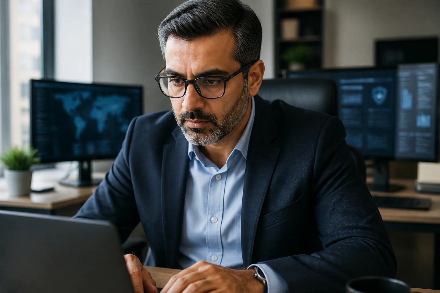 Portrait of a senior cybersecurity professional crafting a UK-compliant CV.