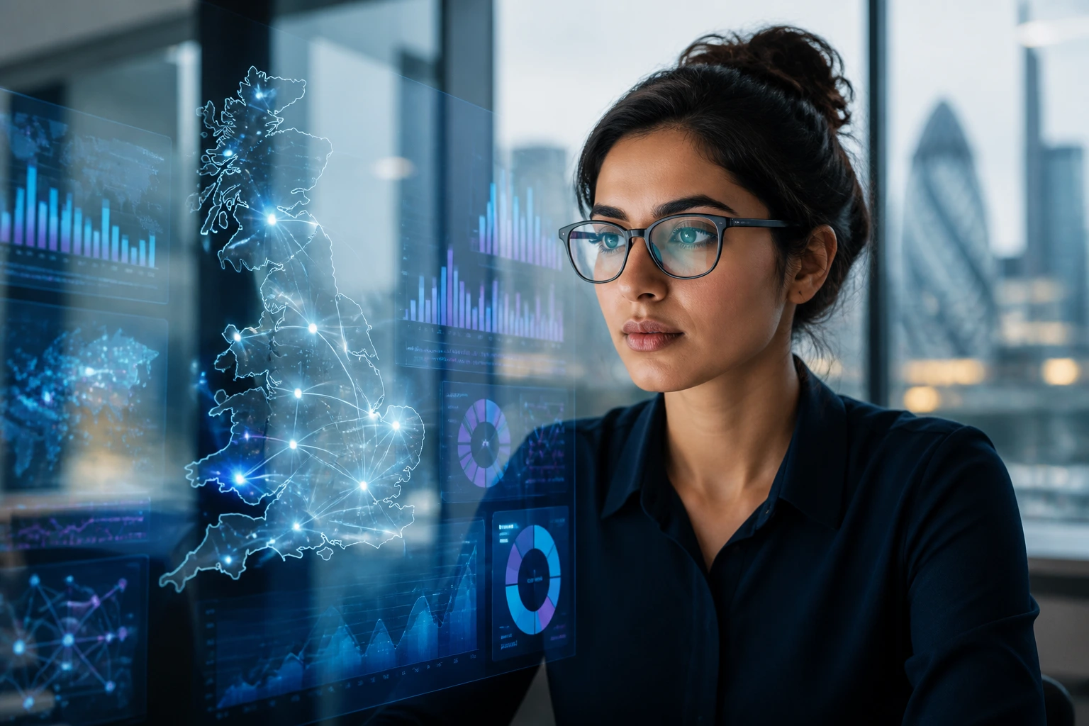 Close-up portrait of a data scientist with city skyline backdrop illustrating UK data science landscape
