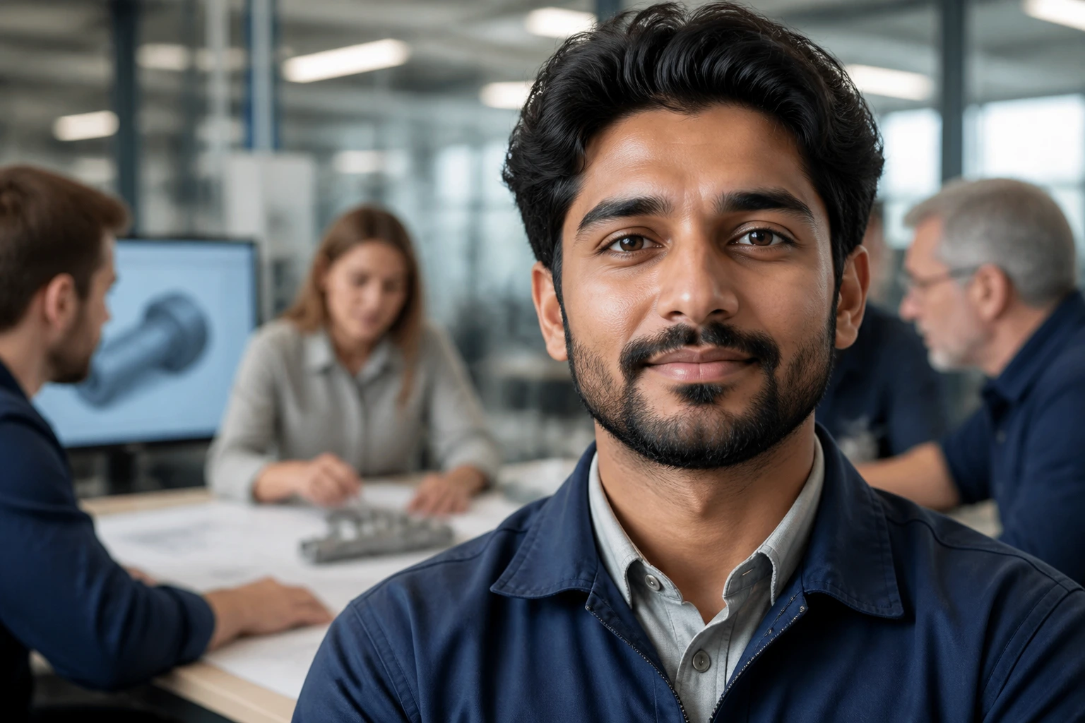 Close-up portrait of a mechanical engineer in a modern office adapting to UK culture