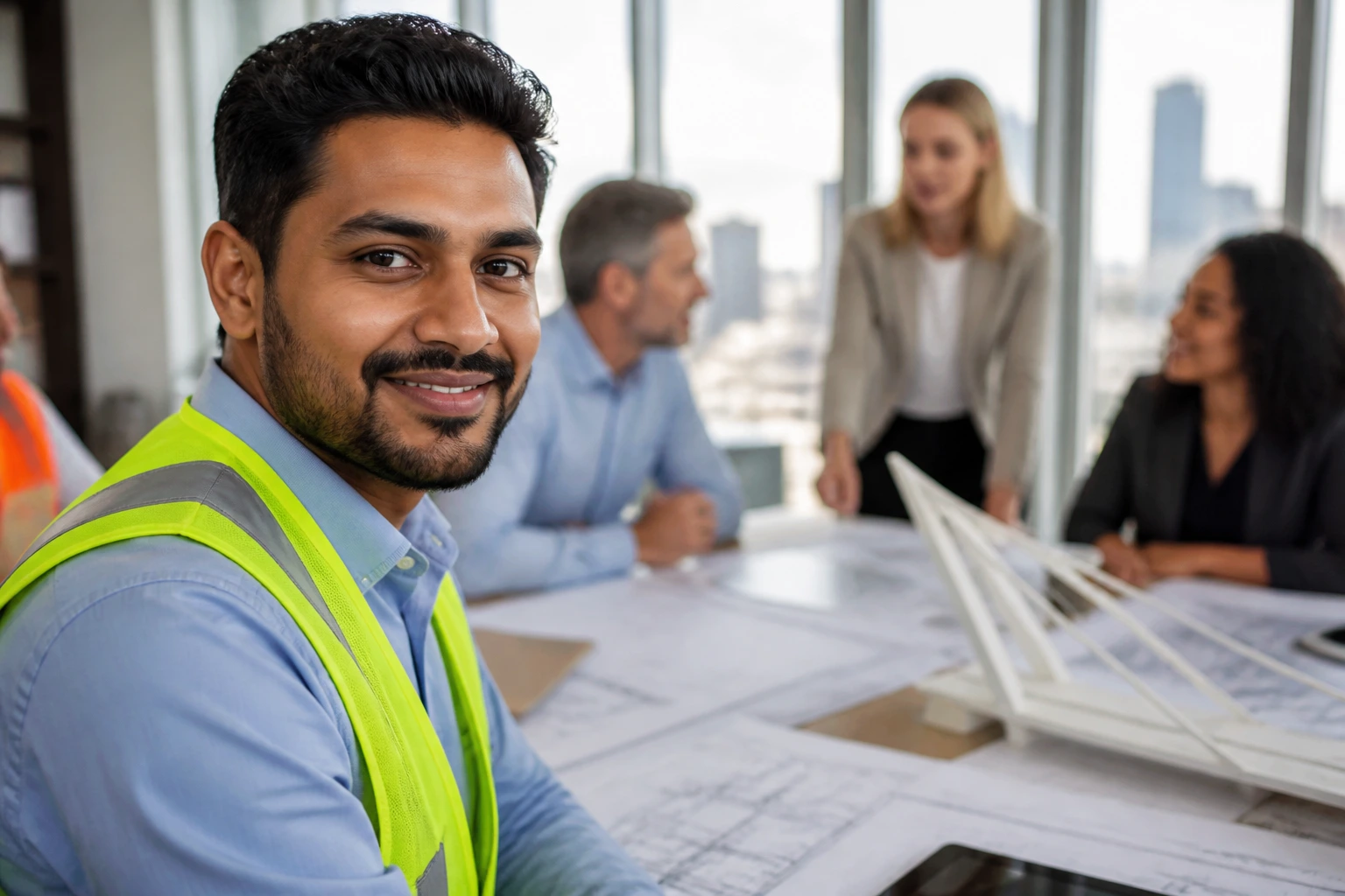 Engineer portrait in a meeting room illustrating team integration