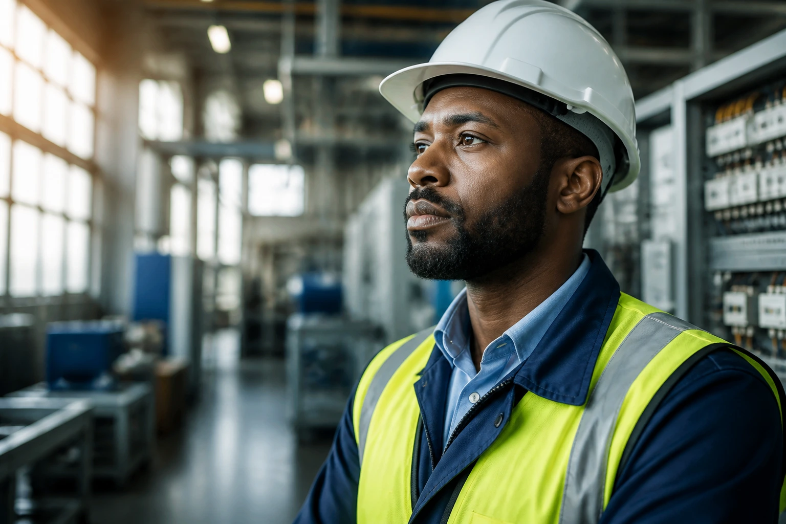 Close-up portrait of an engineer on a factory floor illustrating the UK skills gap