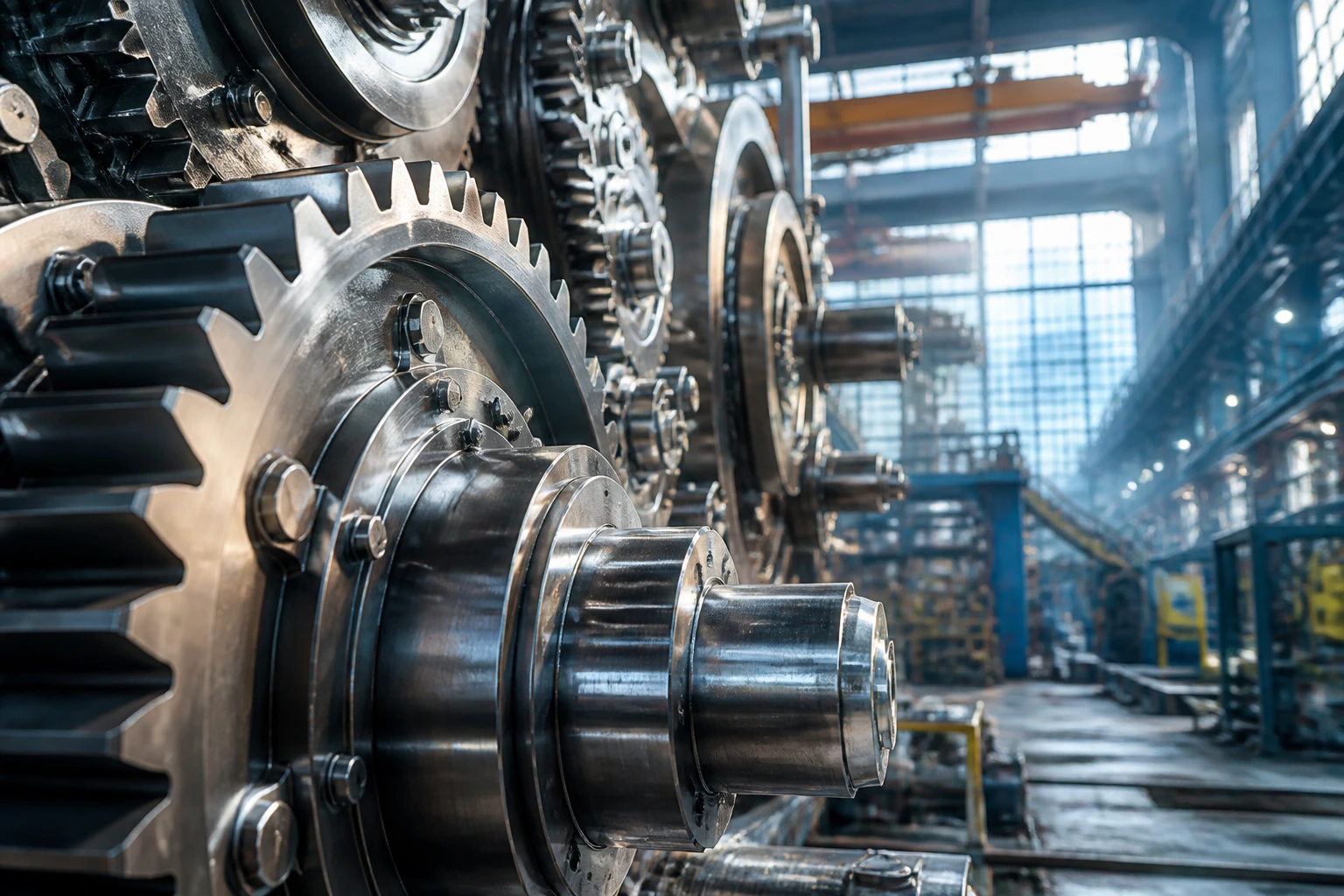 Macro gear close-up in an industrial workshop representing the engineering sector
