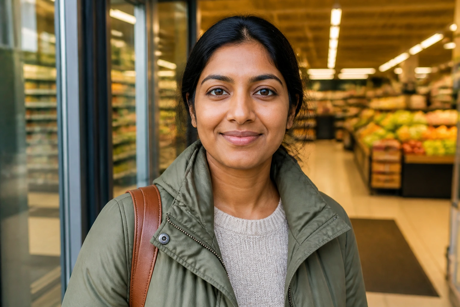 Close-up portrait of a person approaching a UK supermarket entrance