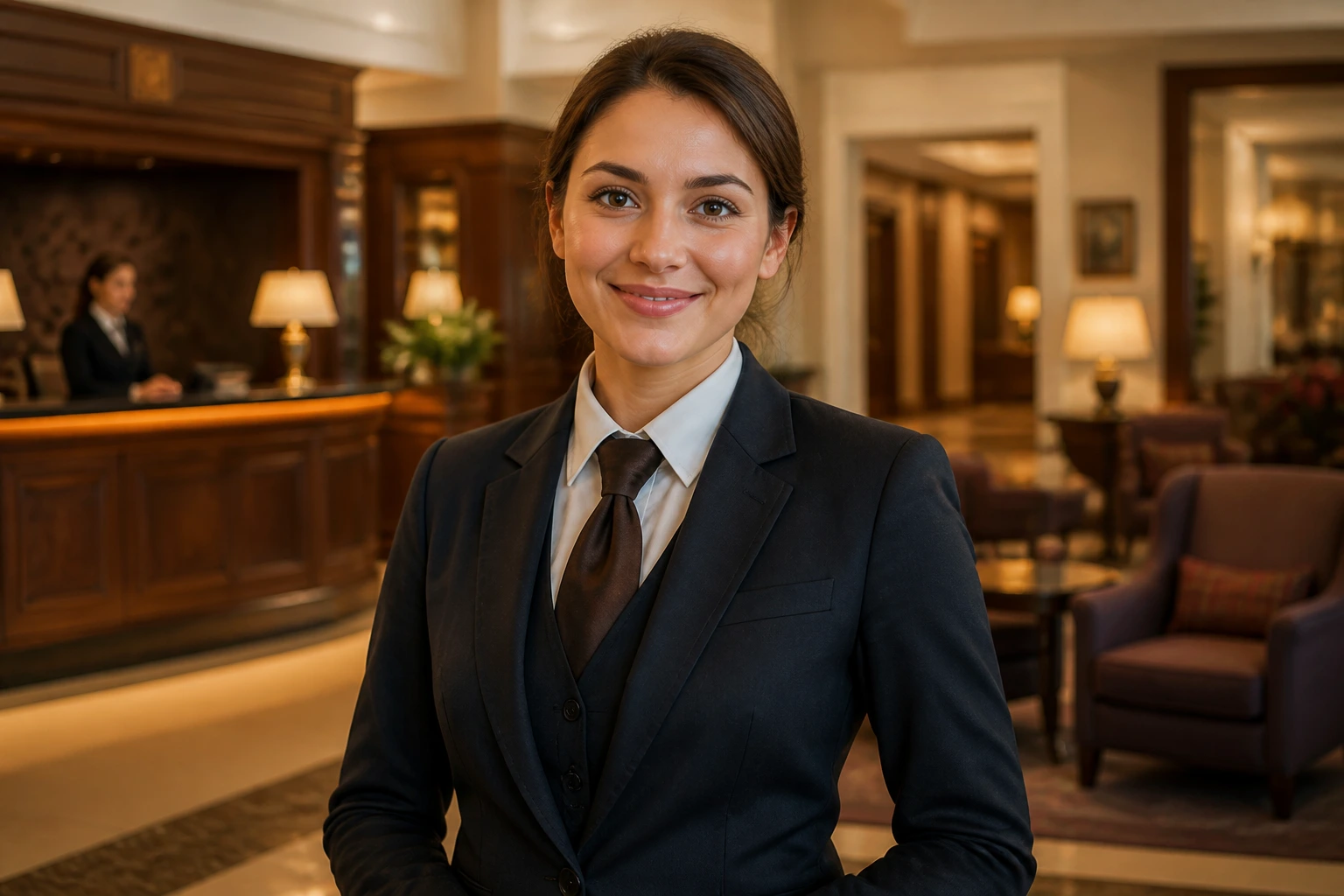 Hotel staff member in UK hotel lobby embodying service culture