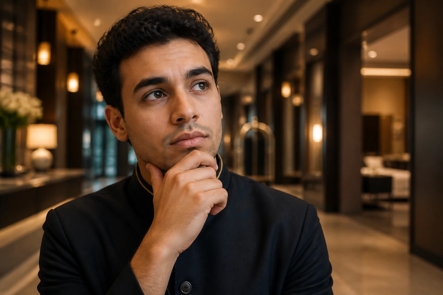 Close-up portrait of a job seeker in a hotel lobby considering routes to UK hotel work without sponsorship