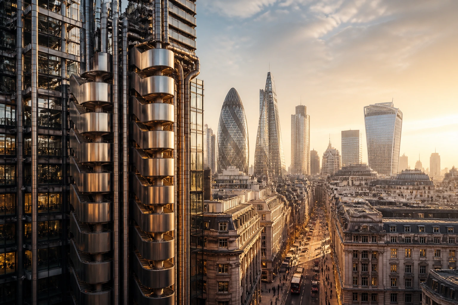 Wide landscape showing London Market skyline and UK retail street without text
