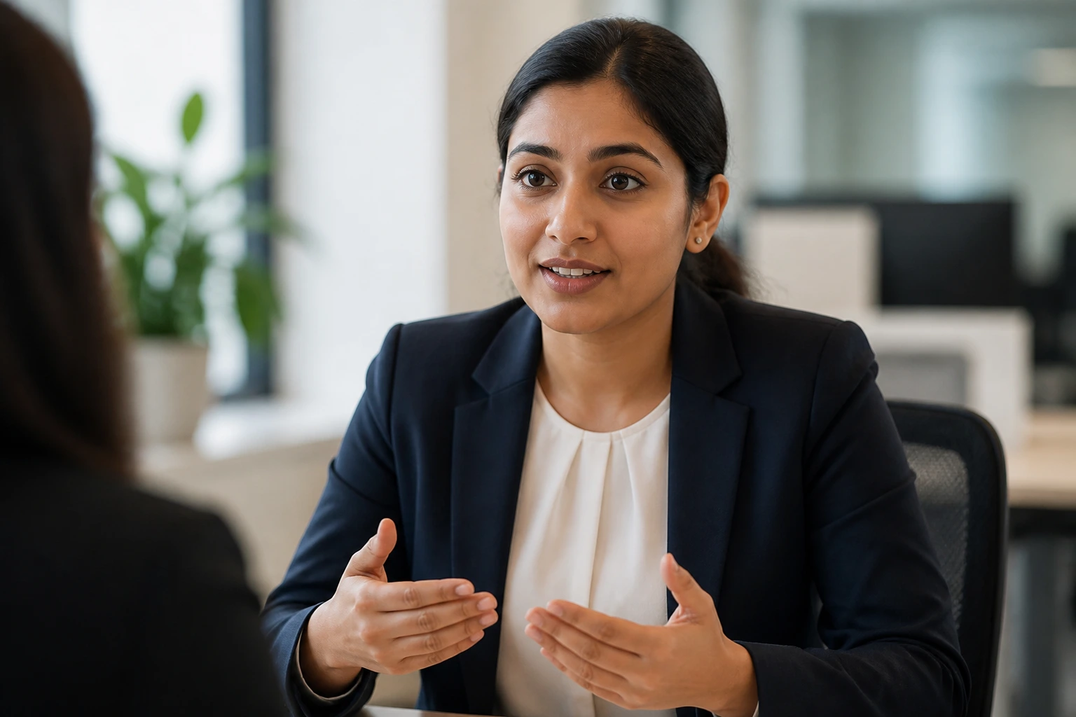 Candidate answering interview questions in a calm office