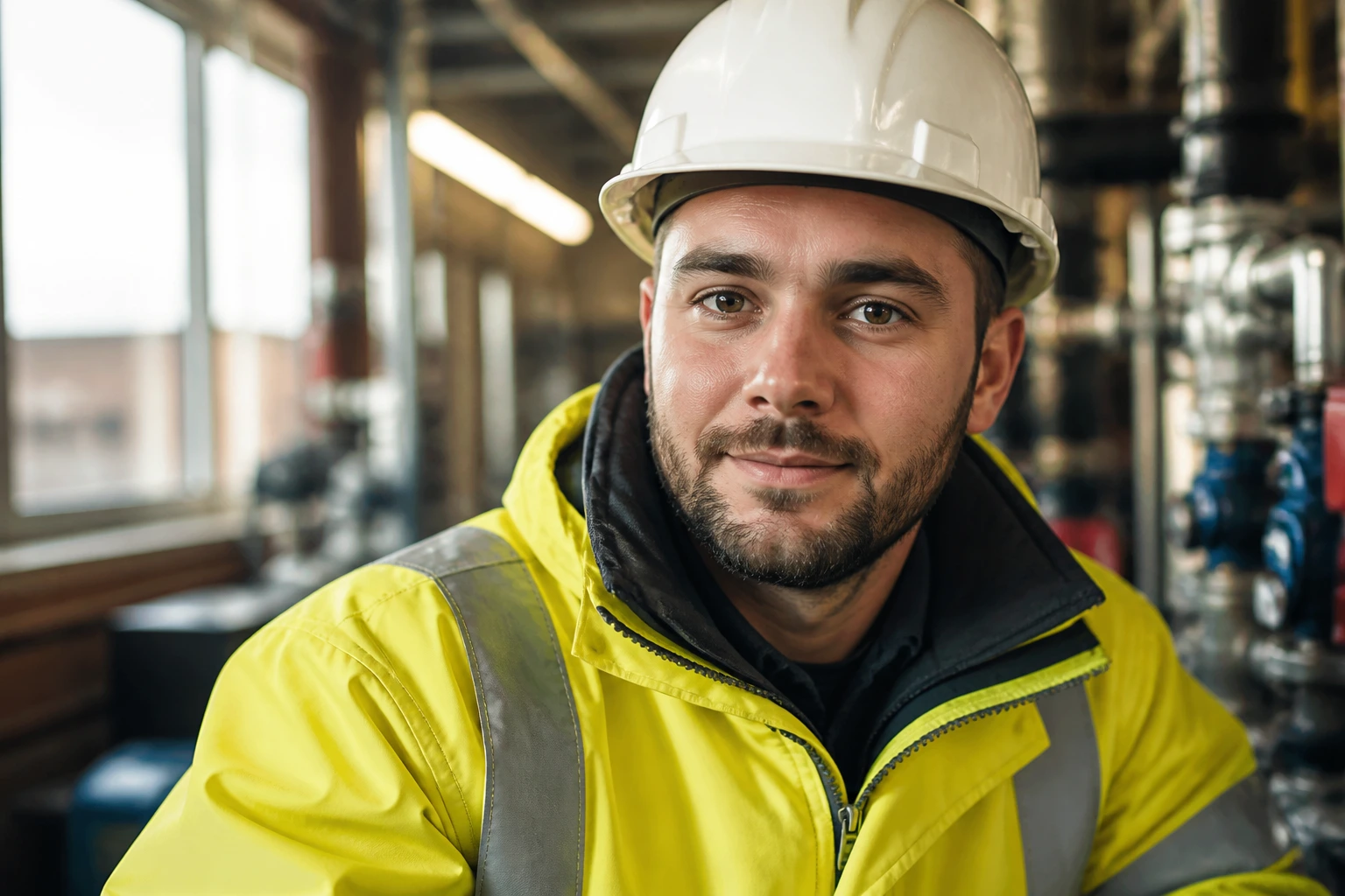 Close-up portrait of a new UK building maintenance worker in high-visibility gear in an industrial workshop.